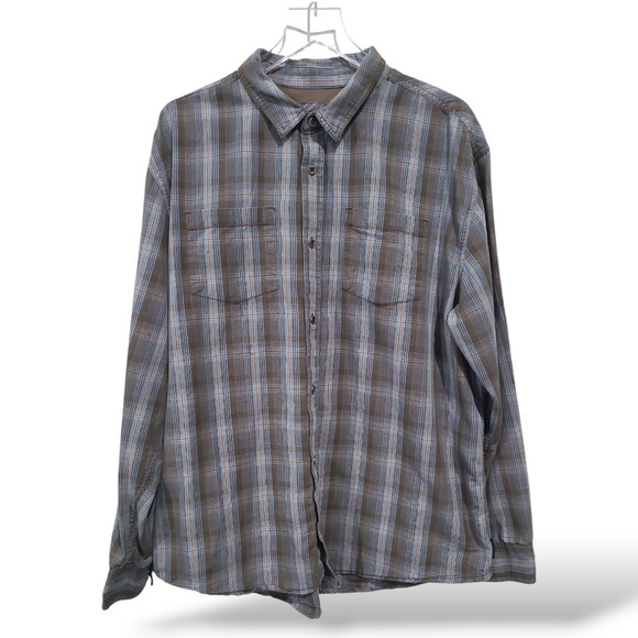 Prana Mens SZ XX Large Button Up Shirt FLAWED Plaid Brown Blue Long Sleeve - Picture 1 of 12